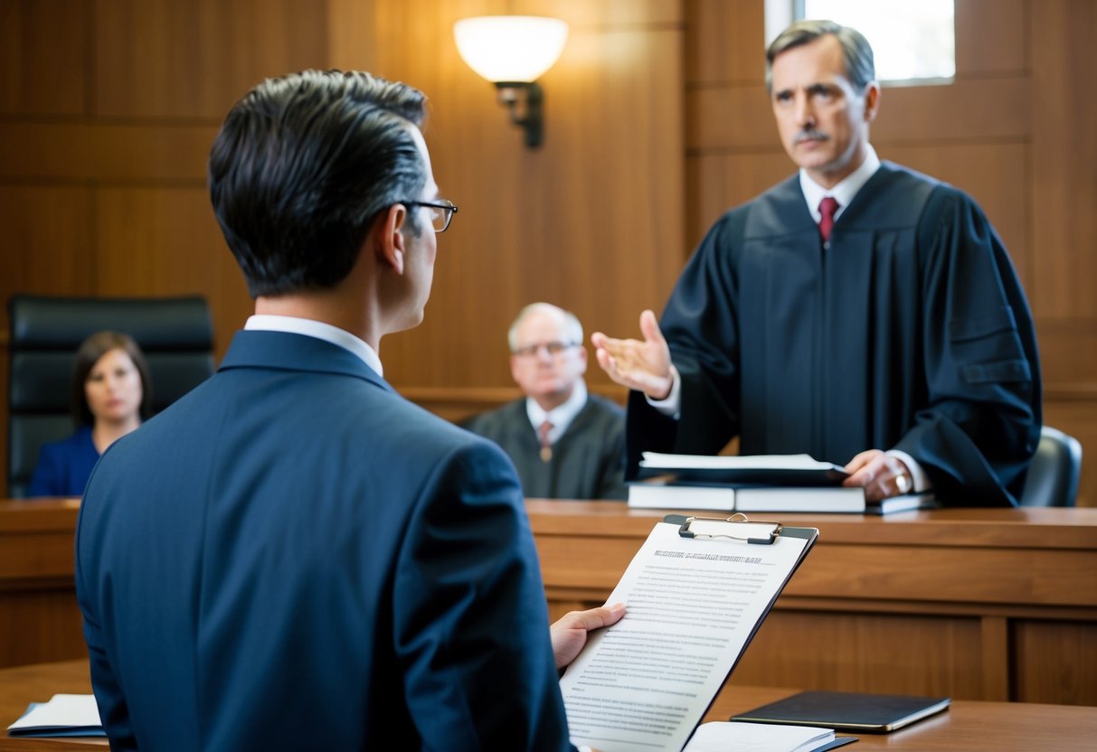 A criminal lawyer standing before a judge in a courtroom, presenting evidence and advocating for a client facing felony charges