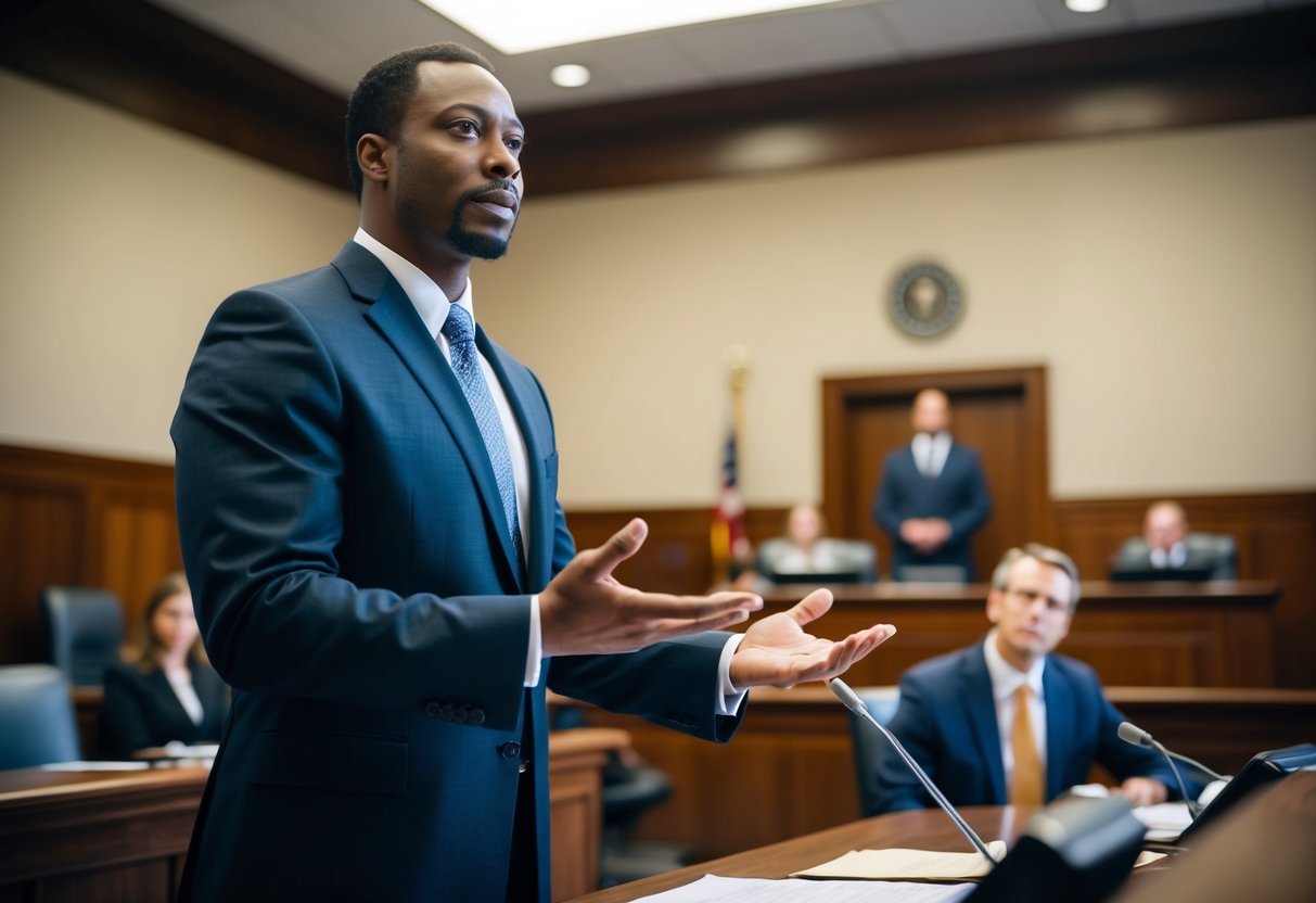 A criminal lawyer standing confidently in a courtroom, presenting a strong defense for a client facing felony charges. The lawyer is engaged and persuasive, using evidence and legal expertise to advocate for their client