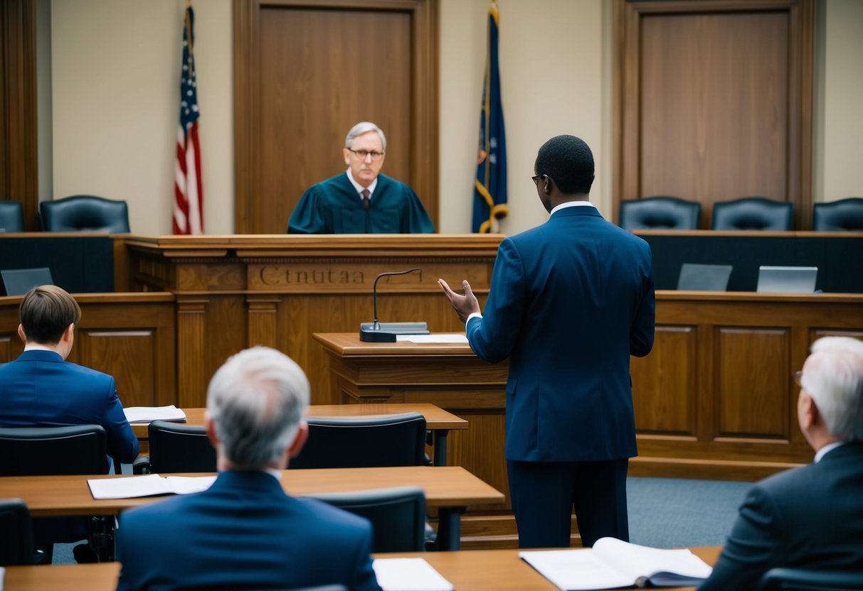 A courtroom with a judge's bench, witness stand, and seating for the jury and spectators. A criminal lawyer stands before the judge, addressing felony charges