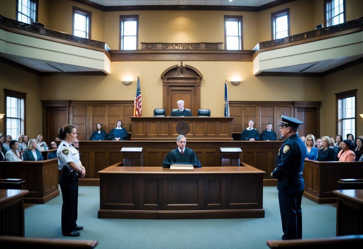 A courtroom with a judge's bench, witness stand, and gallery. A court clerk and bailiff are present. The room is filled with onlookers and legal professionals