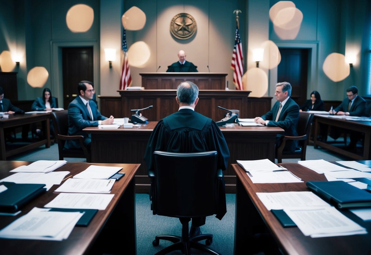 A courtroom setting with a judge on the bench, lawyers at their tables, and a defendant in the dock. The atmosphere is tense and serious, with legal documents and evidence scattered throughout the room