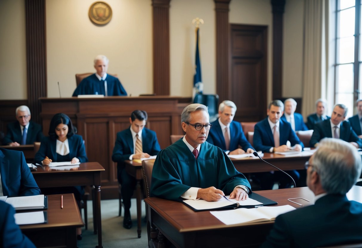 A courtroom with a judge presiding over a trial, lawyers presenting evidence, and the jury deliberating