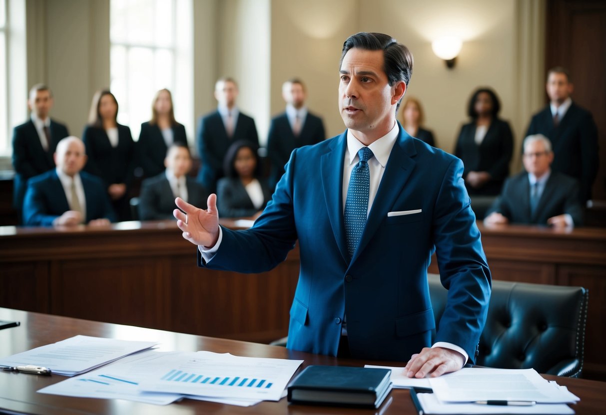 A lawyer stands confidently in a courtroom, addressing a jury. Charts and legal documents are spread out on the table in front of him, as he explains defense strategies for felony charges in Marietta