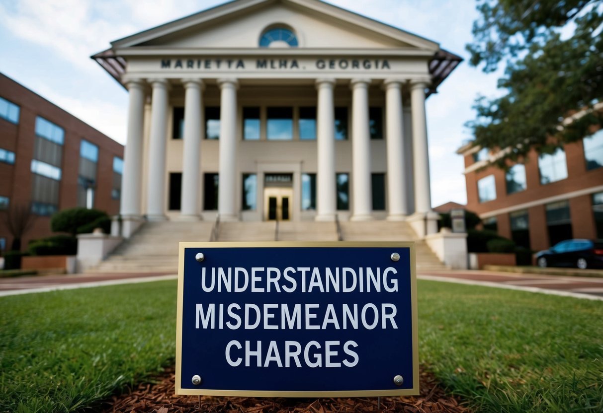 A courthouse in Marietta, Georgia with a sign reading "Understanding Misdemeanor Charges" on the front. Surrounding buildings and trees in the background