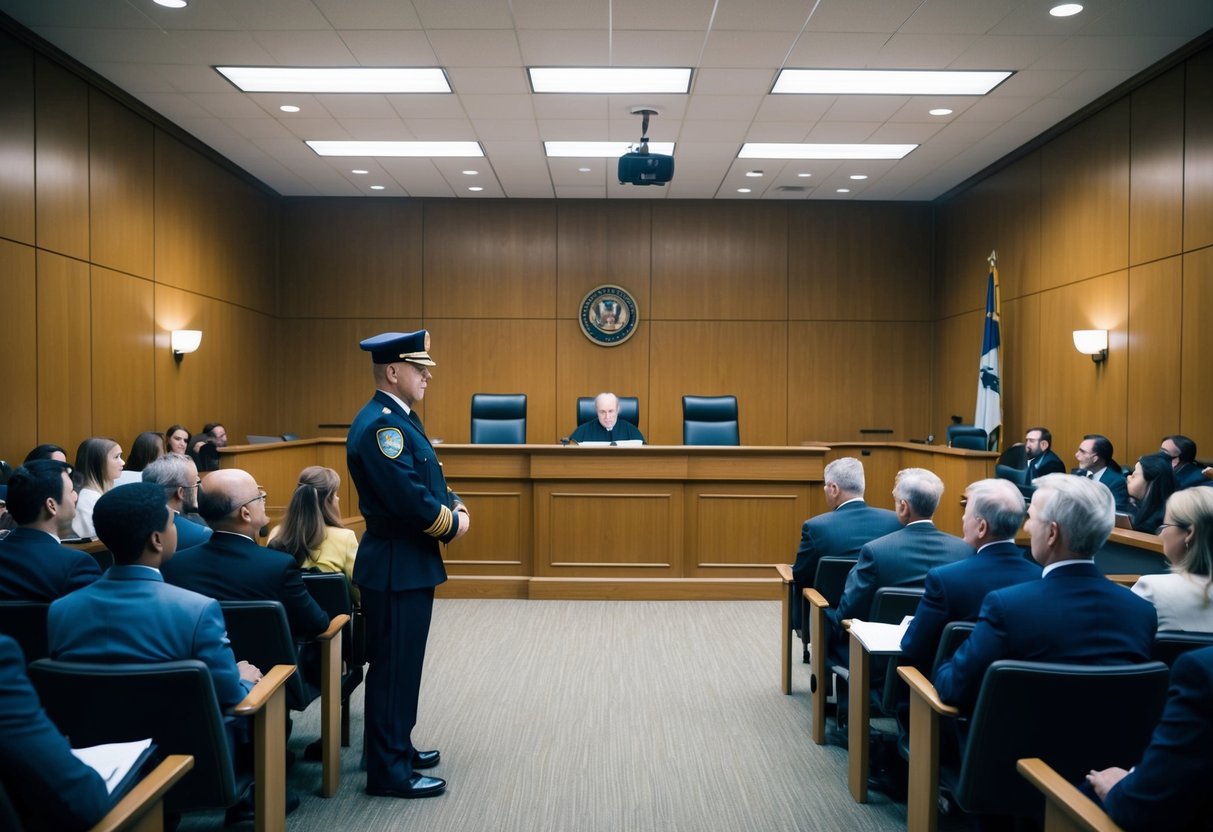 A courtroom with a judge's bench, witness stand, and seating for the jury and audience. A bailiff stands at attention, and the room is filled with a tense atmosphere