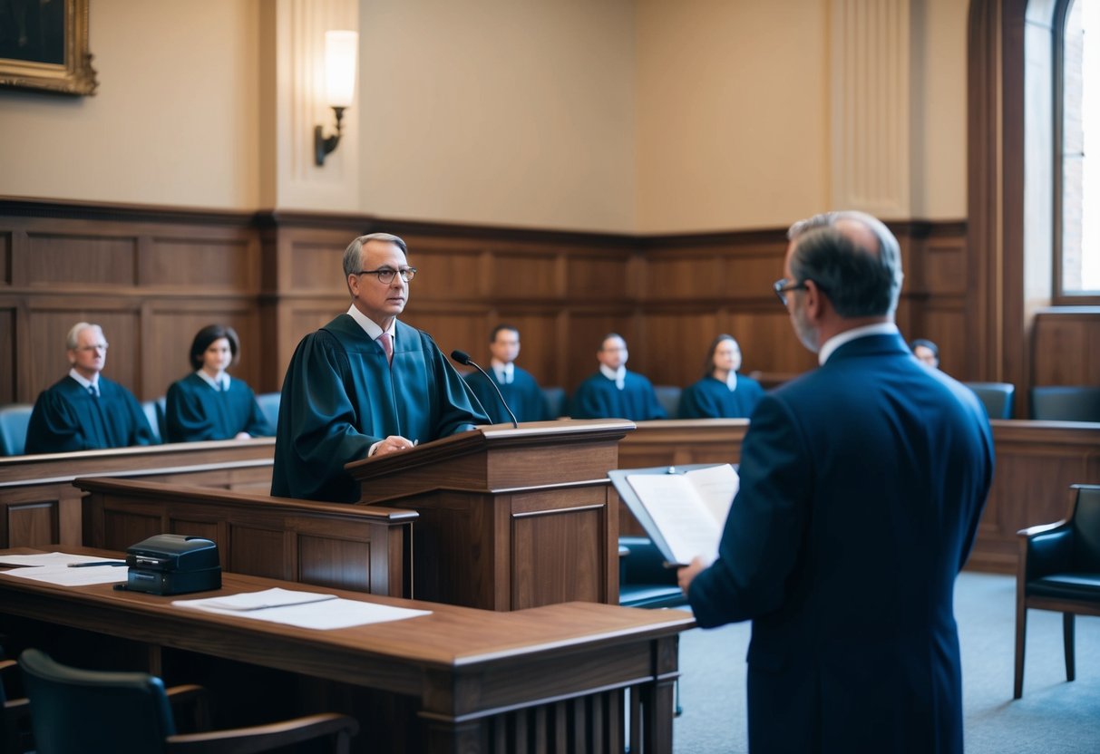 A courtroom with a judge's bench, witness stand, and gallery seating. A lawyer stands at a podium, presenting a case to the judge