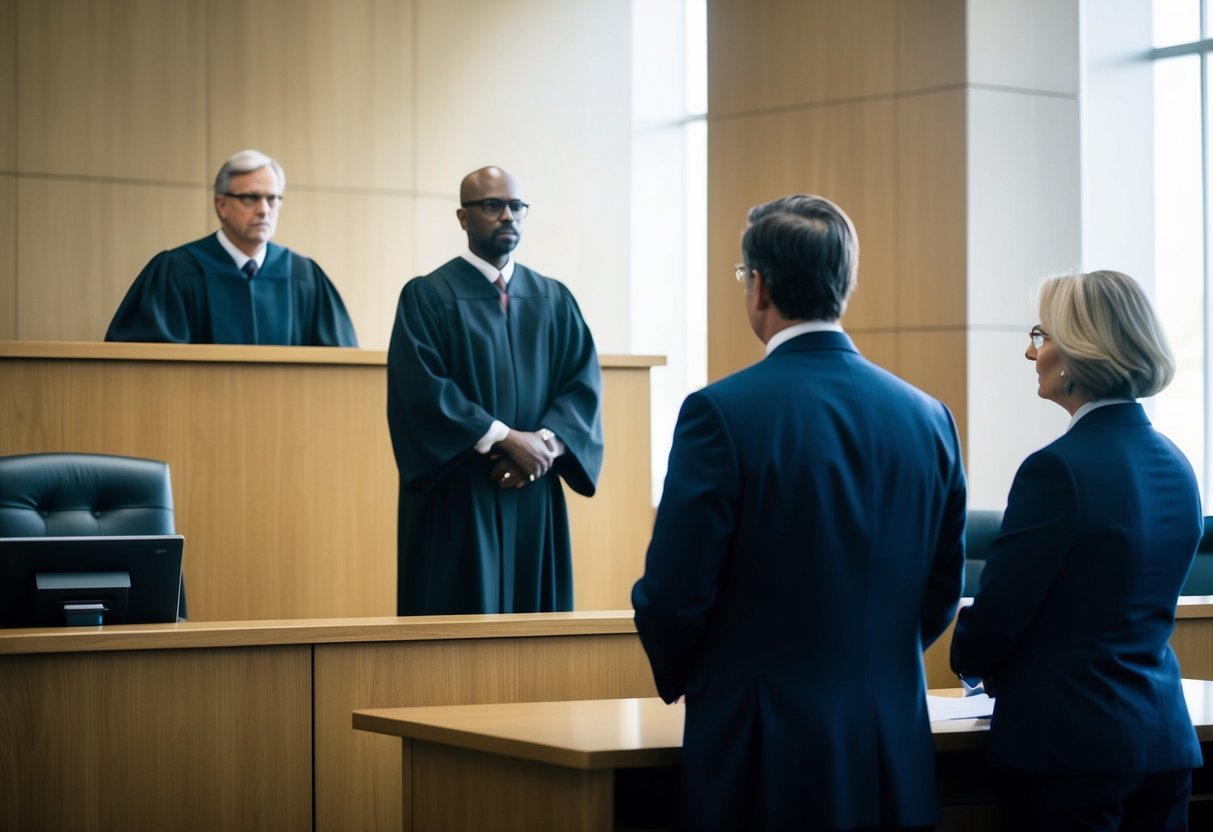 A courtroom with a judge on a raised platform, a defendant standing before them, and a lawyer at a podium. The atmosphere is serious and tense