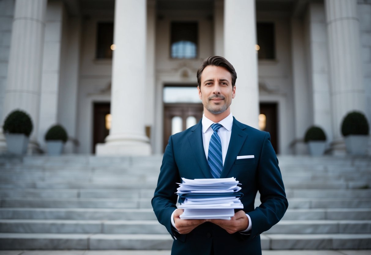 A criminal lawyer standing in front of a courthouse, with a stack of legal documents and a confident expression, ready to defend a client facing misdemeanor charges