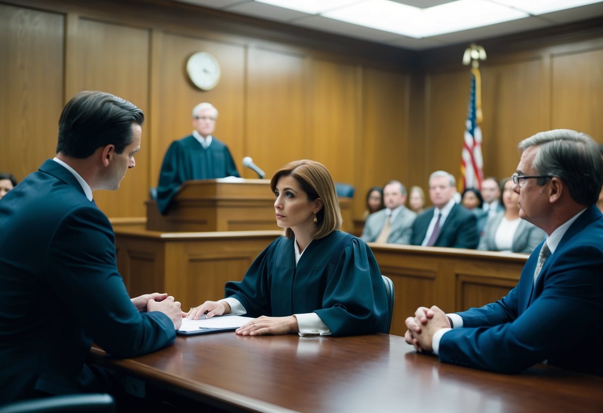 A courtroom in Marietta, with a lawyer defending a client against misdemeanor charges. The judge presides over the proceedings, while the jury listens attentively