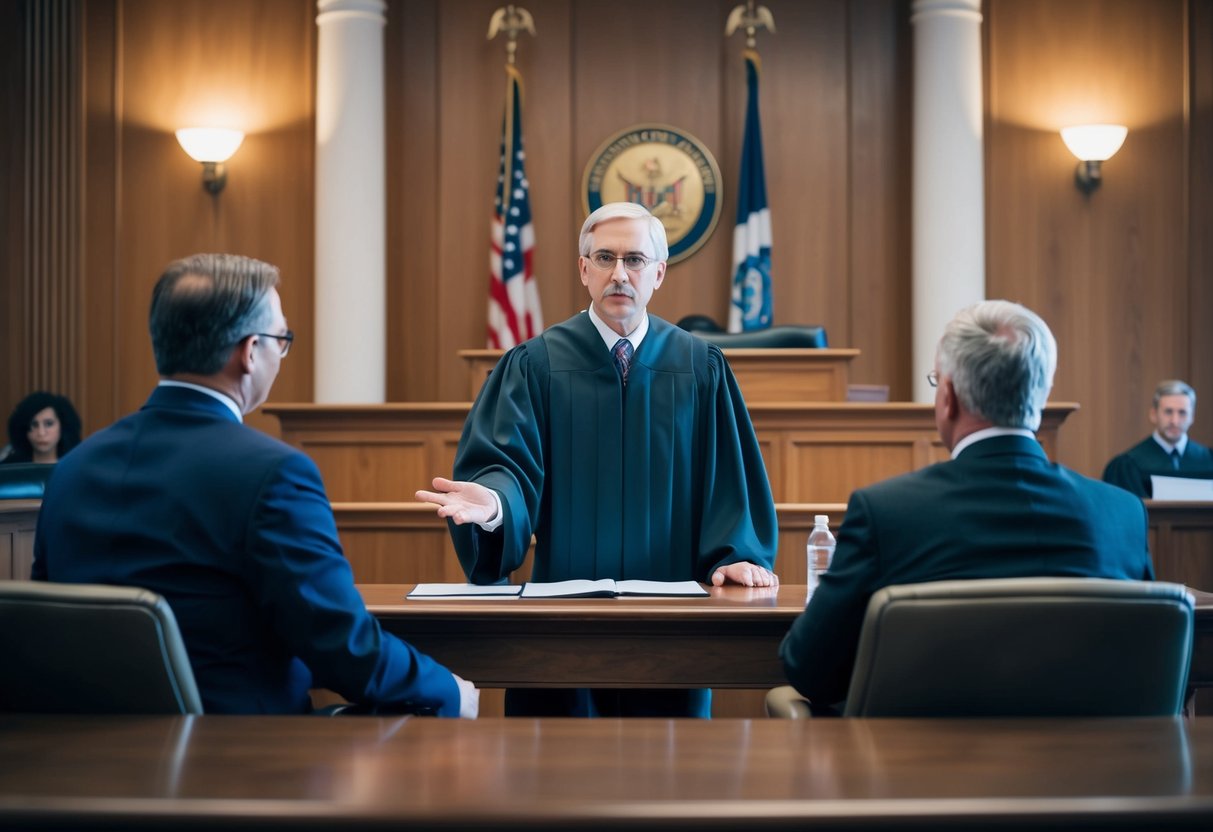 A courtroom scene with a judge presiding over a trial, a defense attorney presenting evidence, and a defendant sitting at the defense table