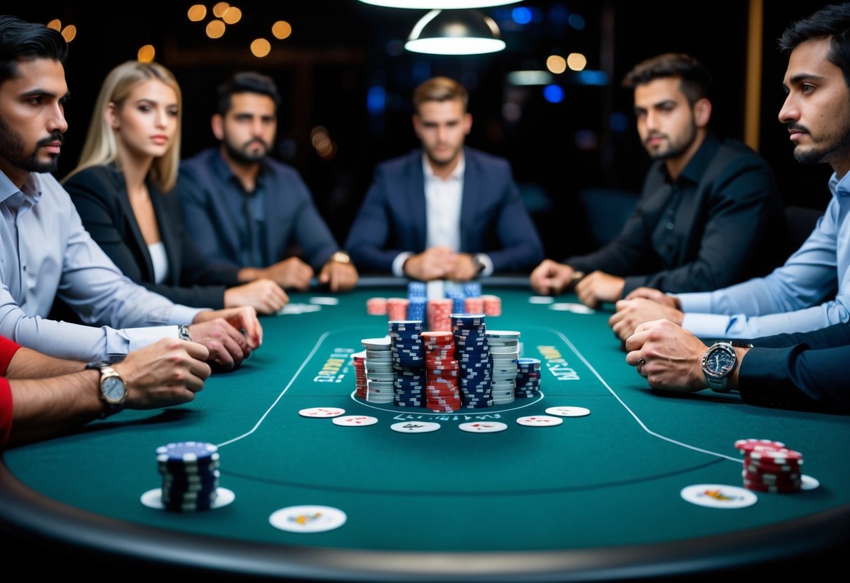 A poker table with chips and cards, surrounded by players with focused expressions. An atmosphere of concentration and responsibility