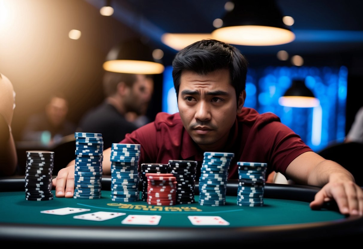 A poker table with stacks of chips, playing cards, and a tense atmosphere. A player's furrowed brow and calculating gaze hint at the risk factors and warning signs of gambling