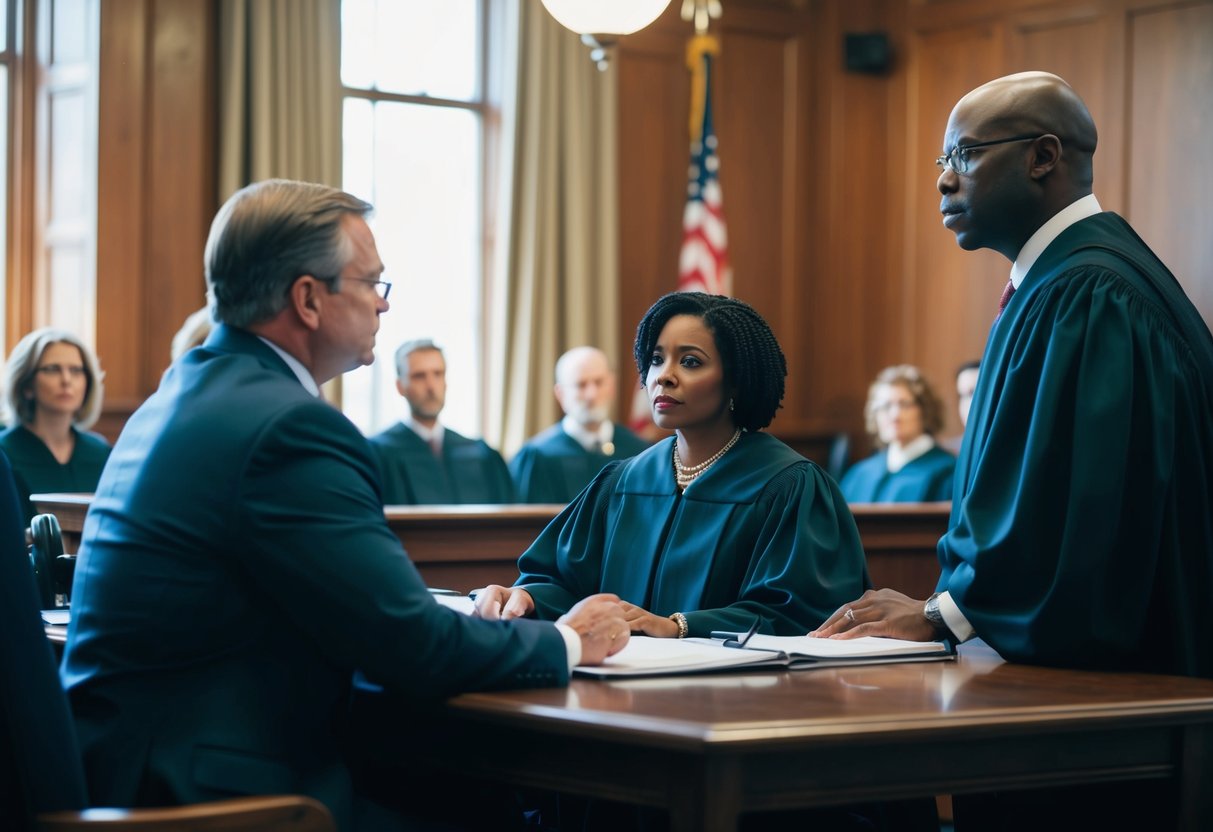 A courtroom with a judge presiding over a trial, a defendant, and a lawyer. The atmosphere is tense, with the defendant facing potential consequences of a misdemeanor conviction in Georgia