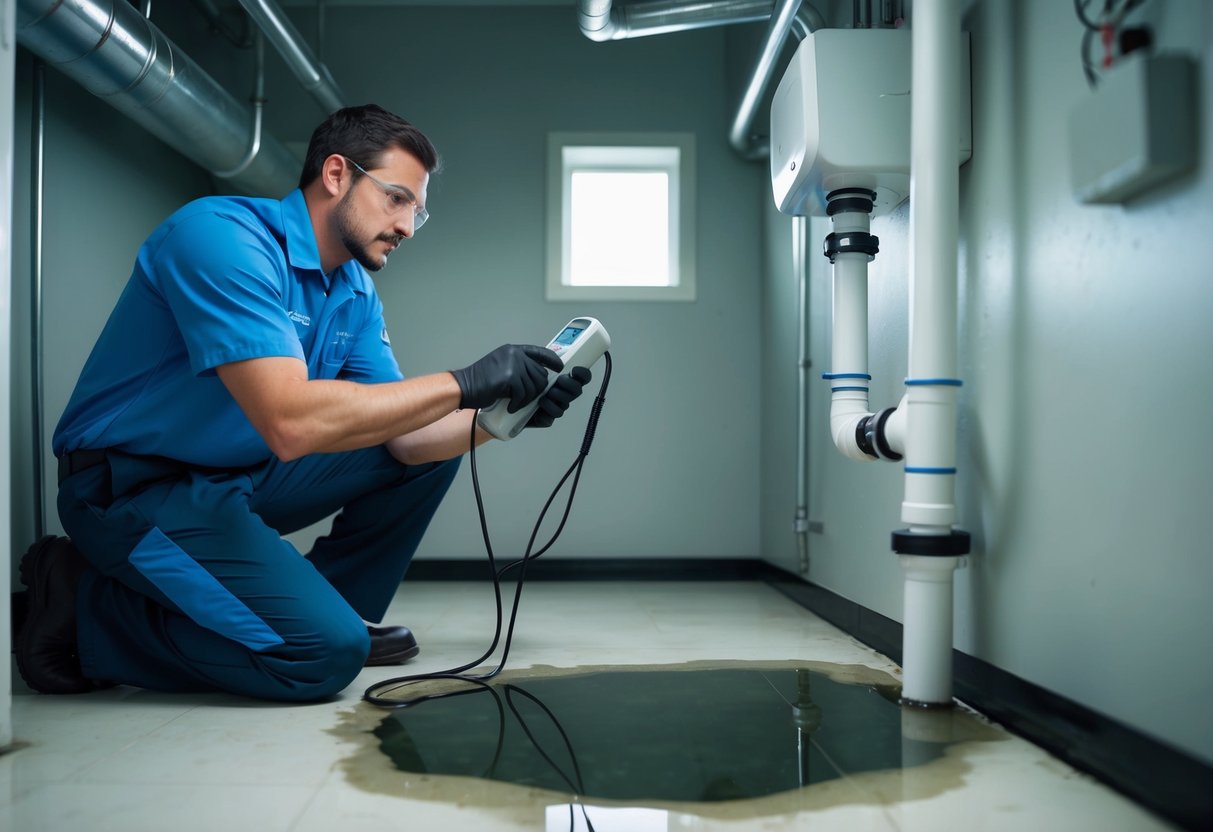 A technician using a handheld device to scan pipes in a dimly lit utility room. A small puddle of water forming beneath a leaking pipe