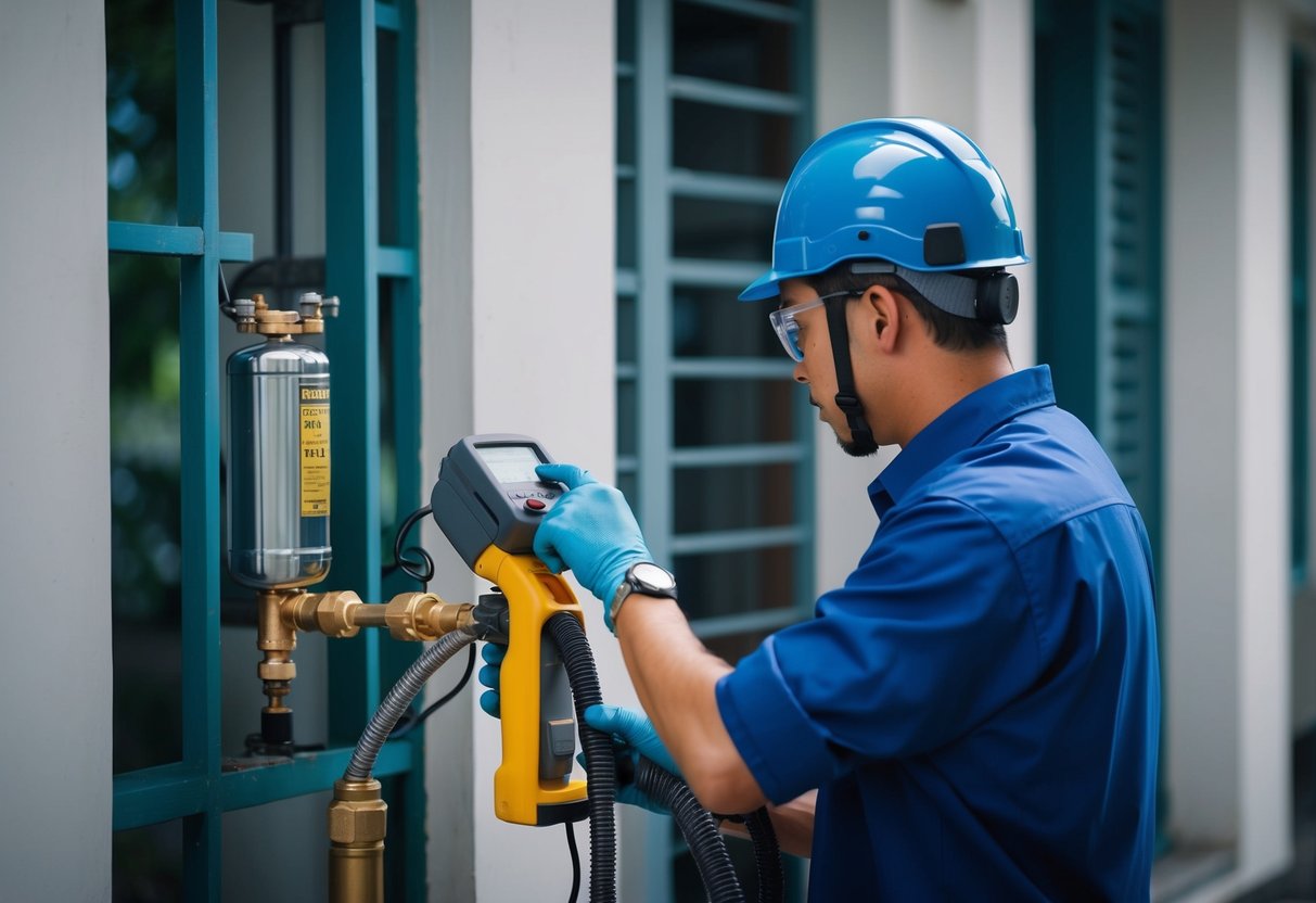 A technician uses specialized equipment to detect water leaks in a Malaysian building