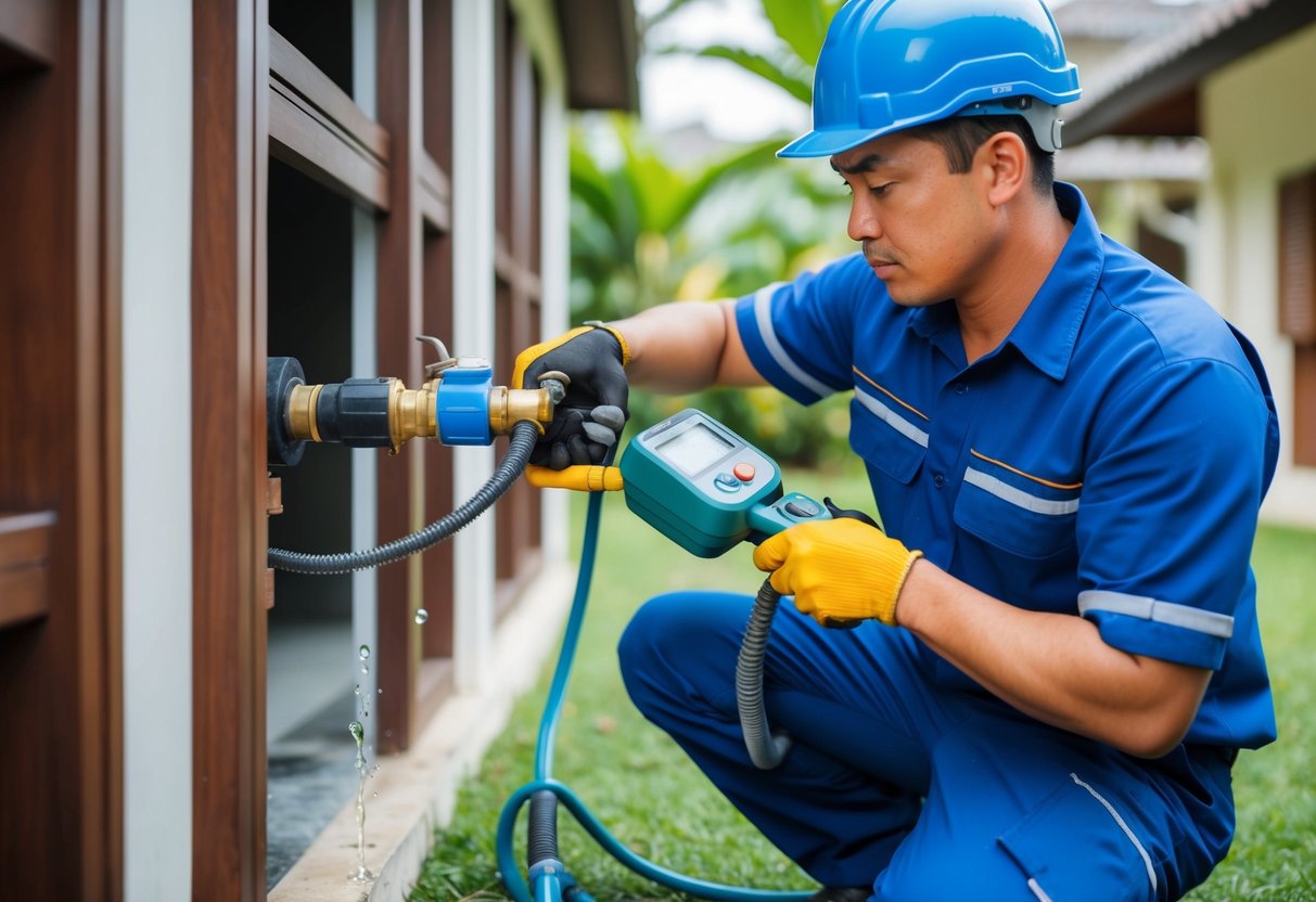 A plumber uses specialized equipment to detect water leaks in a Malaysian home, focusing on affordability and cost-effective solutions