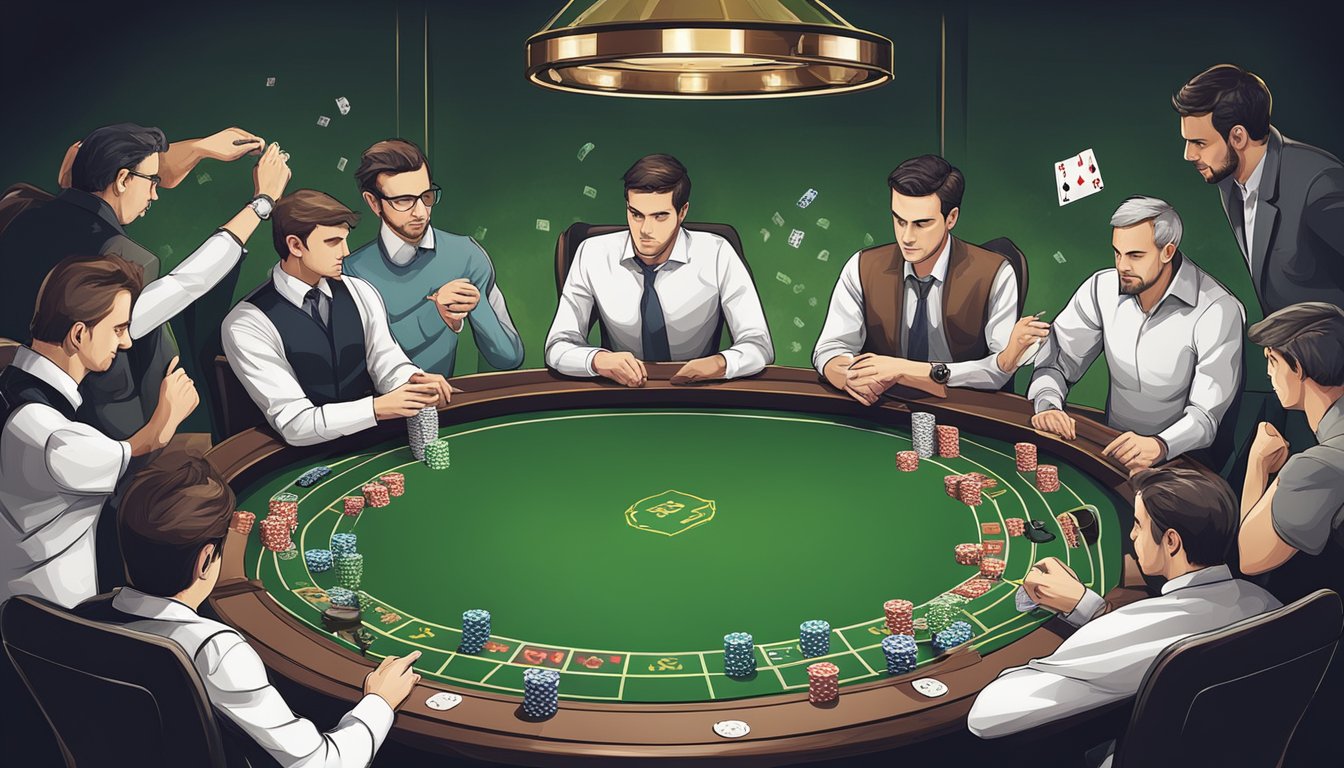 A poker table with chips and cards, players in intense concentration, calculating probabilities and making strategic decisions based on game theory optimal principles