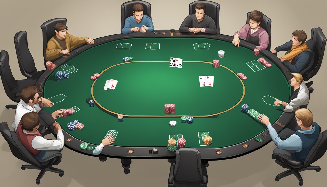 A poker table with a range of starting hands spread out, following GTO theory for Texas Hold'em