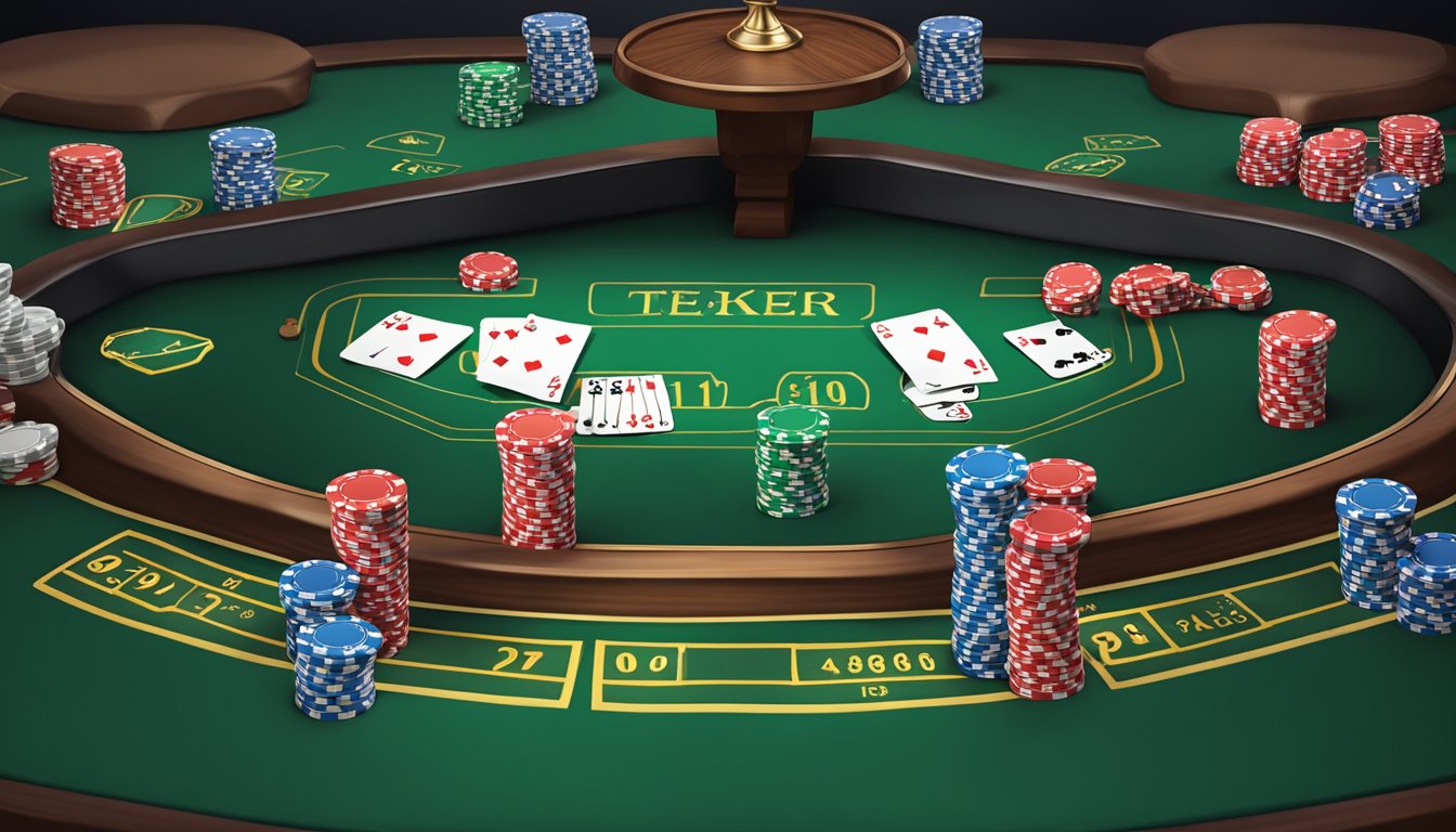 A poker table with chips and cards, showing strategic balance and range in Texas Hold'em GTO theory