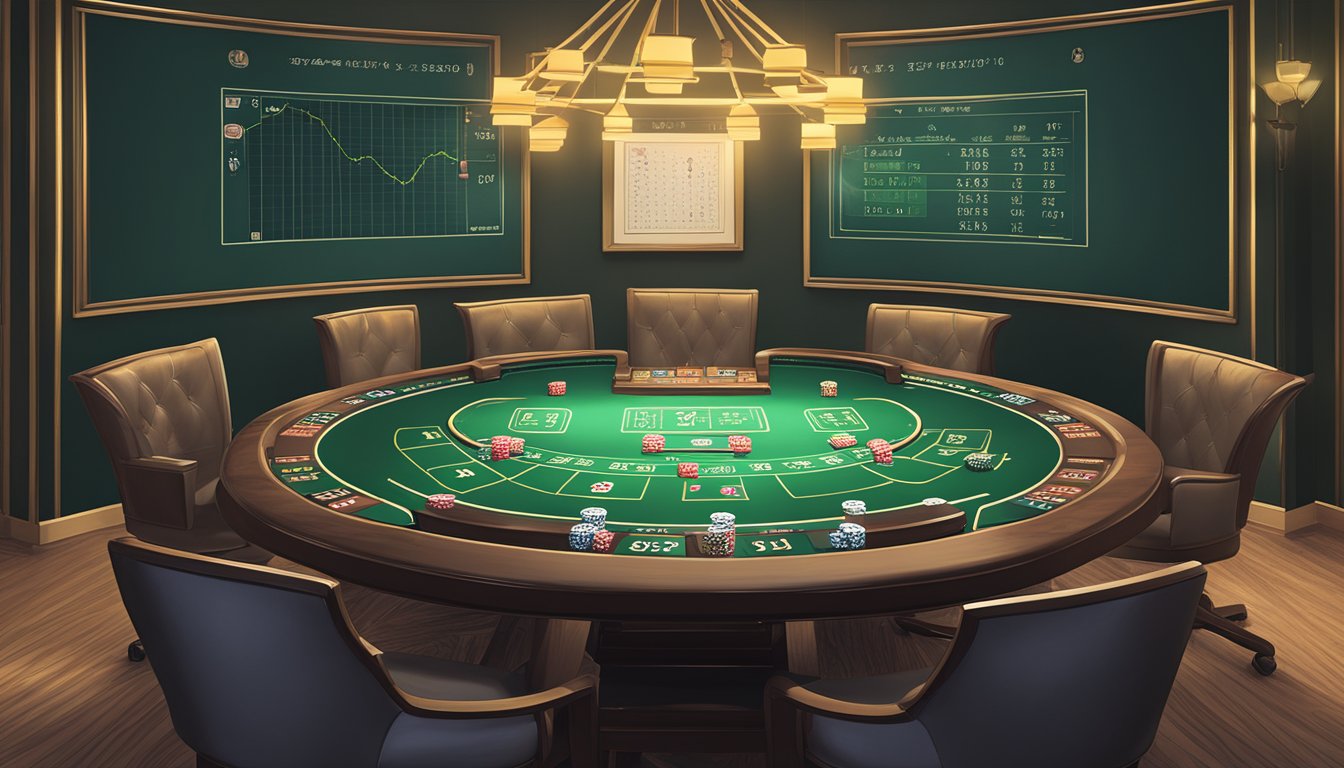 A poker table with mathematical equations and GTO software displayed on a computer screen