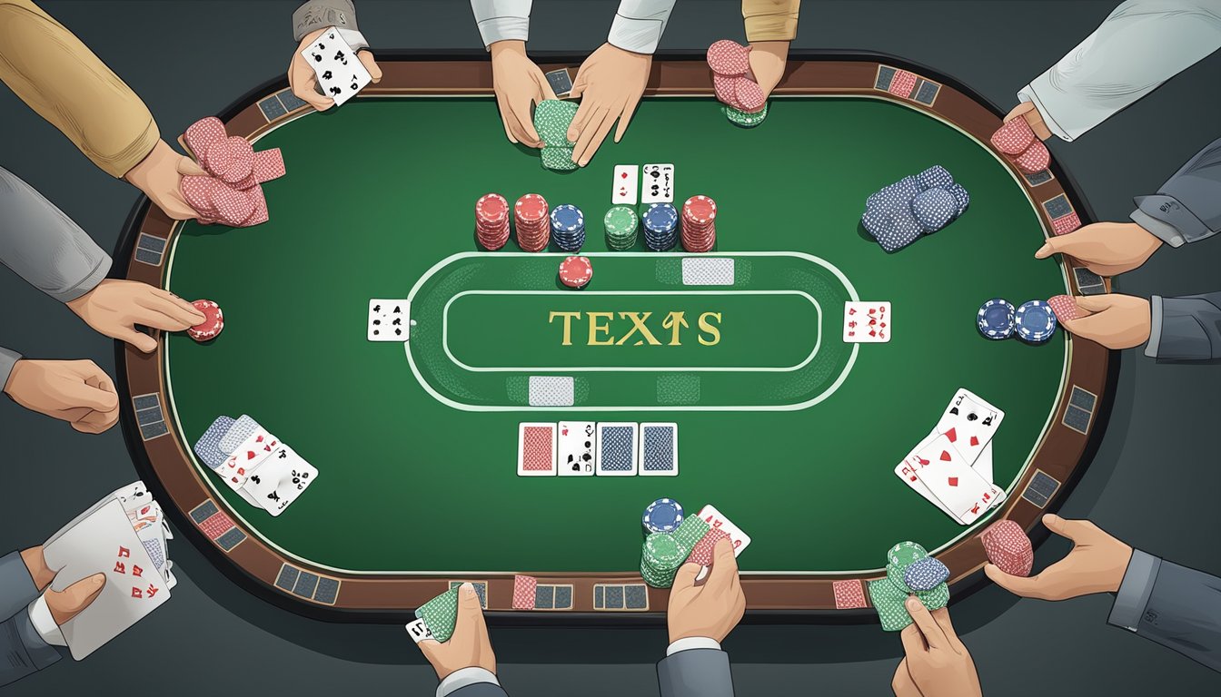 A poker table with chips and cards, showing the strategic decision-making process of Texas Hold'em GTO theory through players' actions and reactions