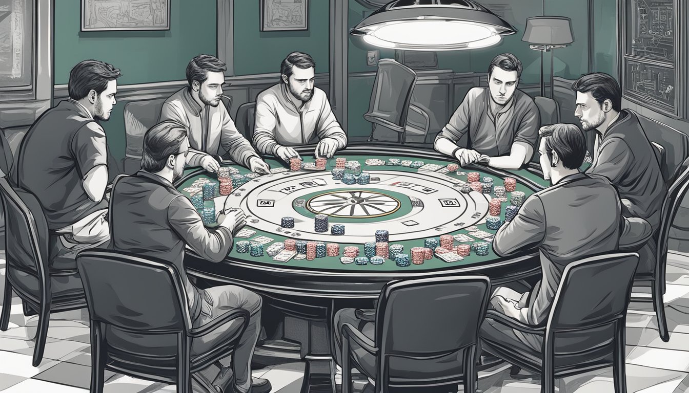 A poker table with chips and cards, surrounded by players deep in thought, calculating strategies and exploits based on game theory optimal (GTO) principles