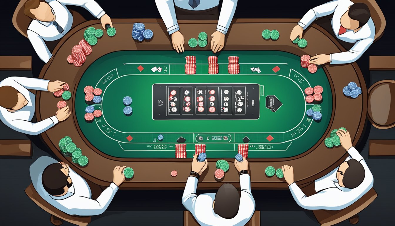 A poker table with chips, cards, and a GTO strategy chart. Players are engaged in a game of Texas Hold'em, strategizing and making calculated moves based on GTO theory