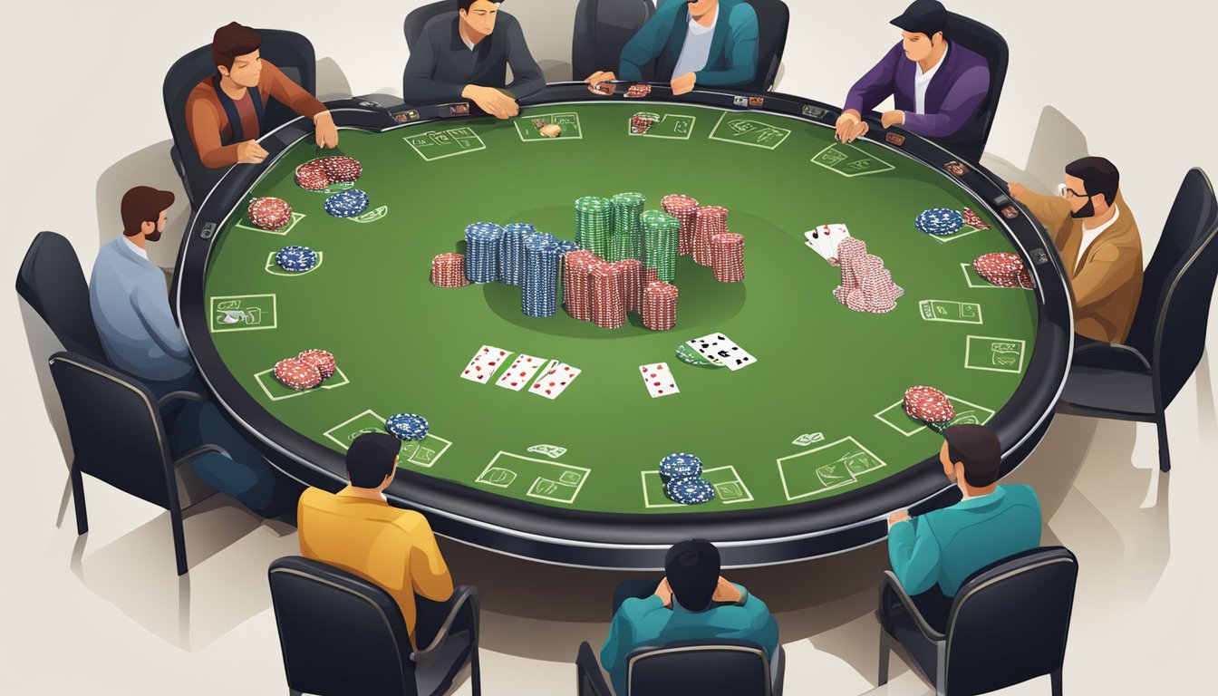 A poker table with chips and cards, players strategizing