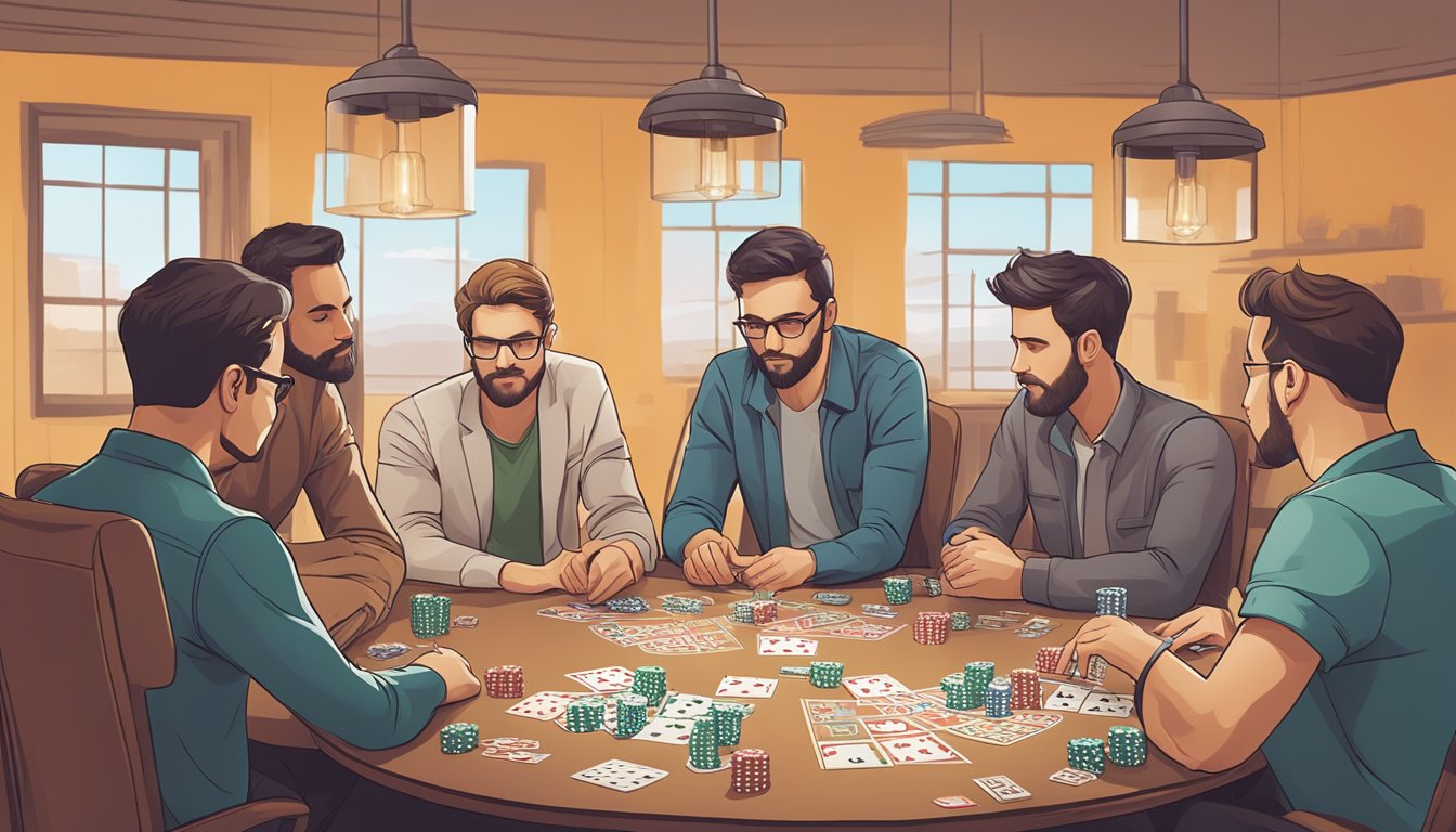 A group of people gathered around a table, intensely focused on a game of Texas Hold'em poker, with charts and diagrams of game theory optimization theory in the background