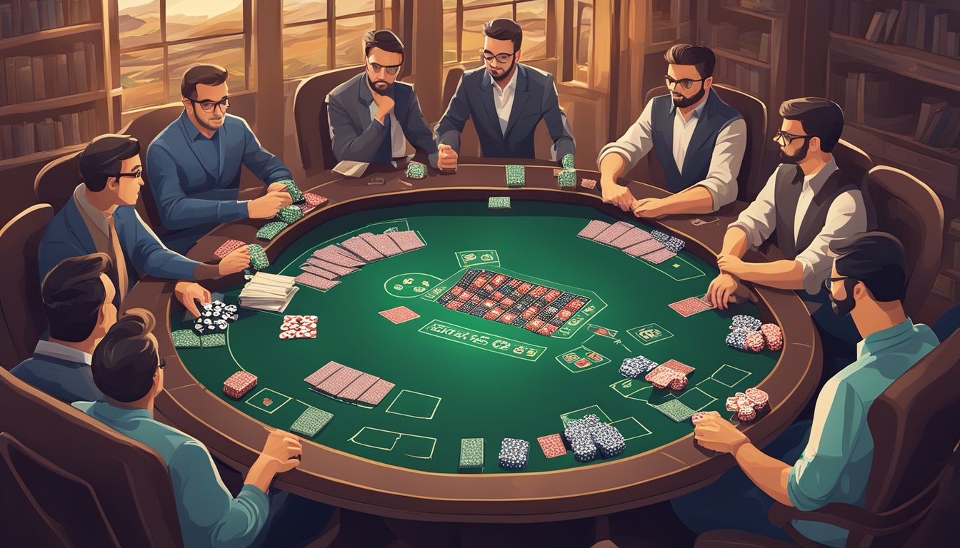 A poker table with chips and cards, surrounded by intense players studying game theory optimal (GTO) strategies for Texas Hold'em