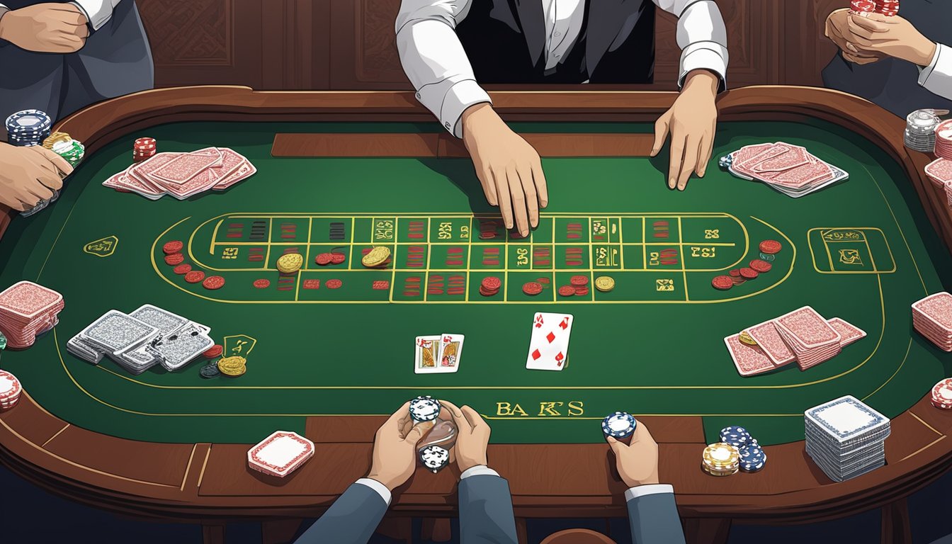 A baccarat table with cards, chips, and a dealer's hand dealing cards. Players sit around the table, placing bets and watching the game unfold