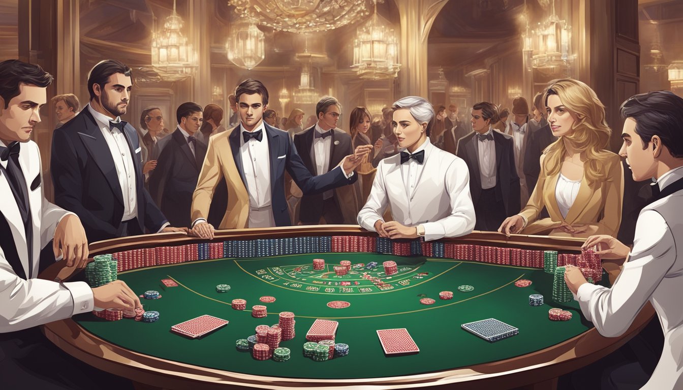 A baccarat table with cards, chips, and a dealer. The table is surrounded by players, and there is an atmosphere of excitement and anticipation