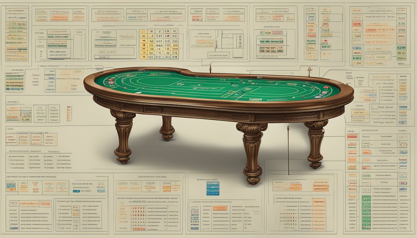 A baccarat table with various betting options and terms displayed