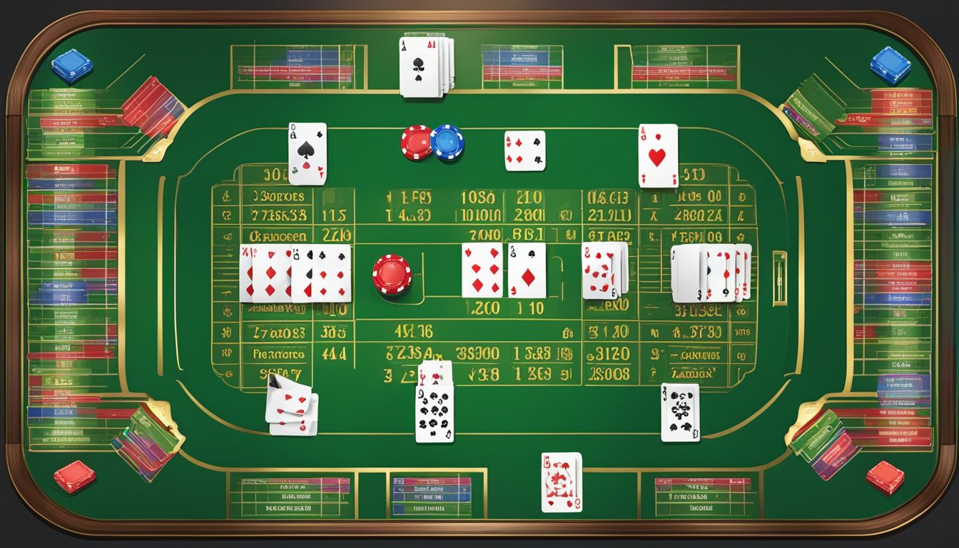 A baccarat table with cards laid out, each with their respective values and scores. Various baccarat terms are displayed around the table