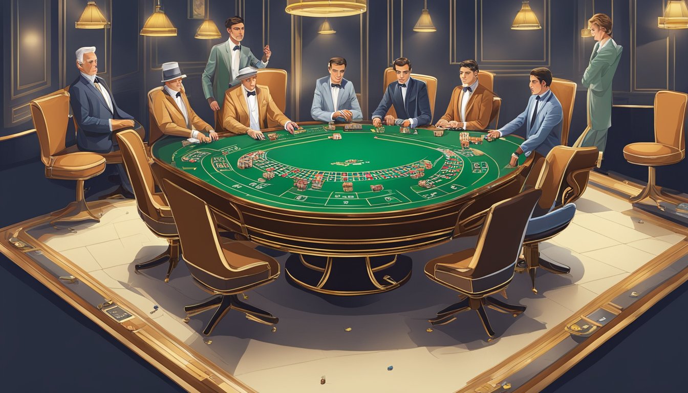 A baccarat table with chips, cards, and a shoe. The dealer and players are placing bets and waiting for the outcome