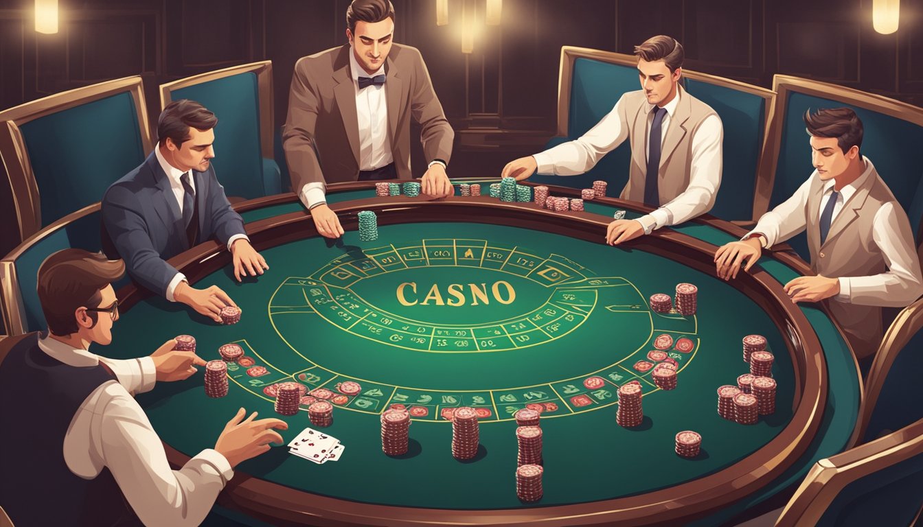 A casino table with cards and chips, surrounded by focused players. The dealer shuffles cards while players study the game