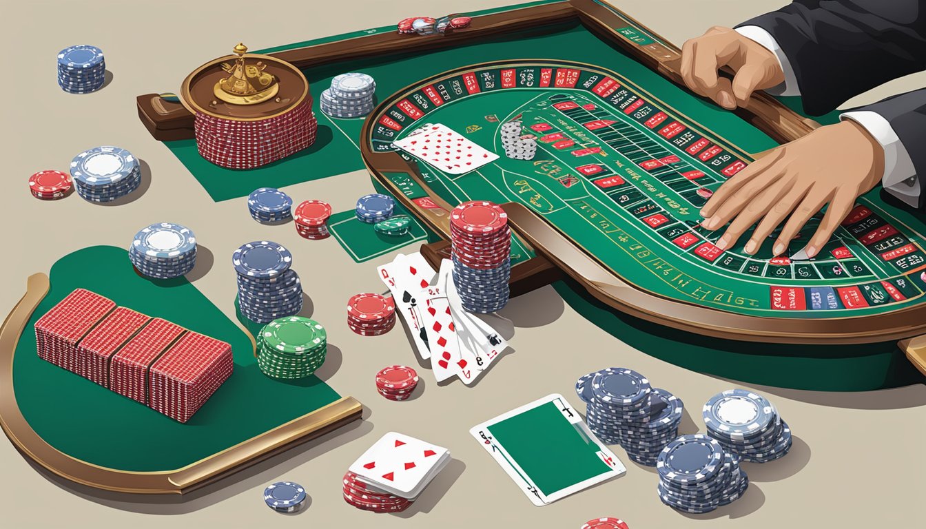 A baccarat table with betting chips, cards, and a dealer's shoe