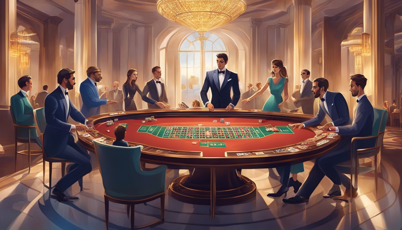 A baccarat table with cards and chips, surrounded by players and a dealer. The atmosphere is sophisticated and elegant, with a sense of excitement and anticipation in the air