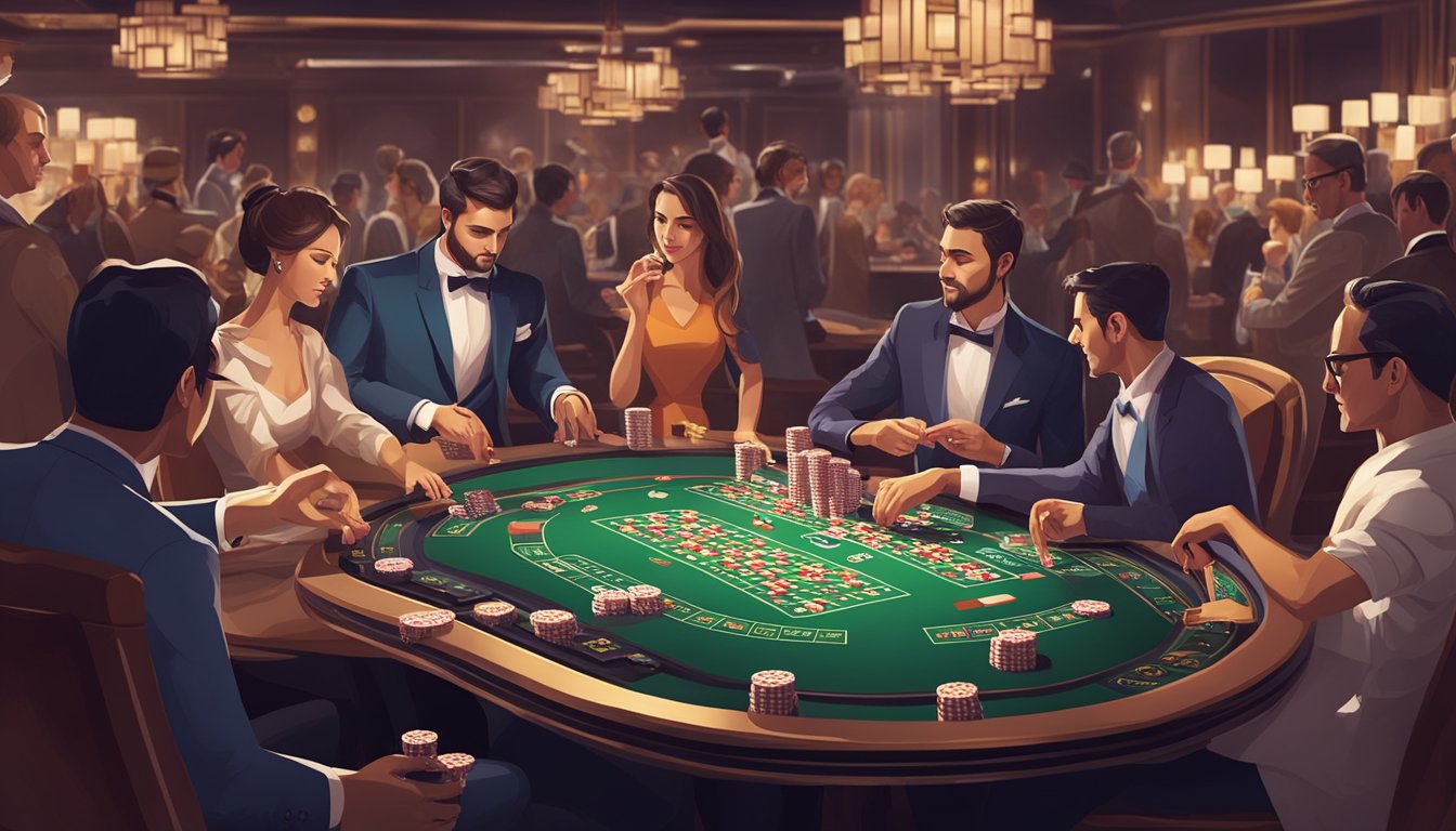 A baccarat table with cards being dealt, chips stacked, and players placing bets. The dealer and the players are focused on the game, creating an intense atmosphere