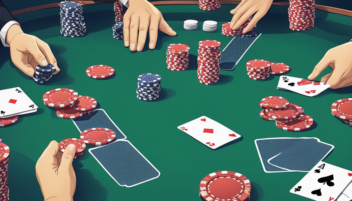 A casino table with cards, chips, and a dealer's hand dealing out cards for a game of baccarat