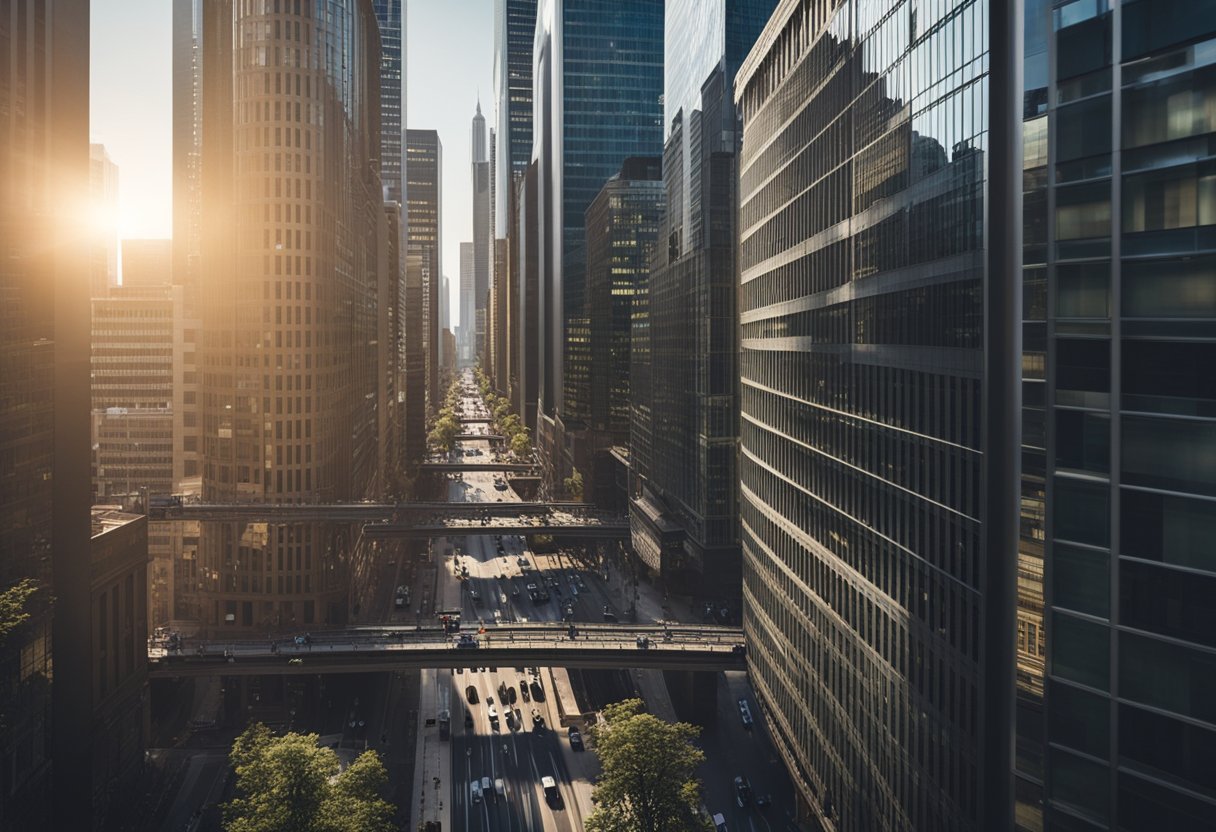 A bustling financial district with skyscrapers and stock exchange buildings, surrounded by a network of interconnected roads and bridges