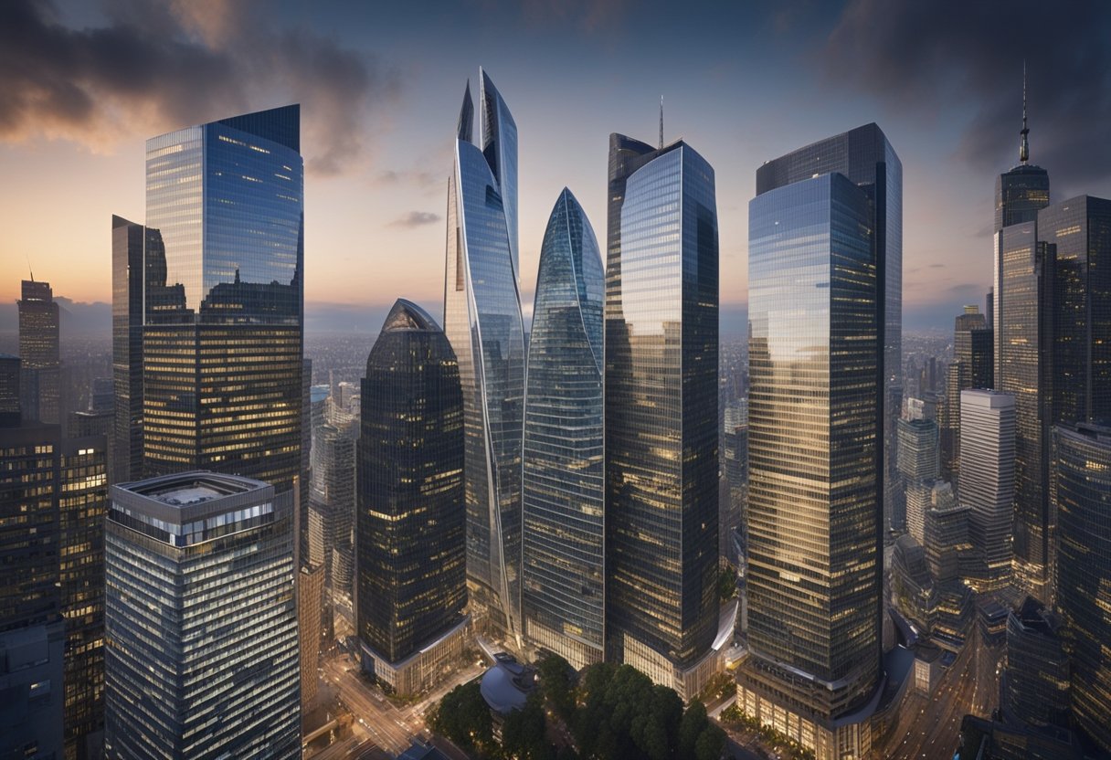 A bustling financial district with skyscrapers, stock market tickers, and people in business attire. The EU flag prominently displayed on a large building