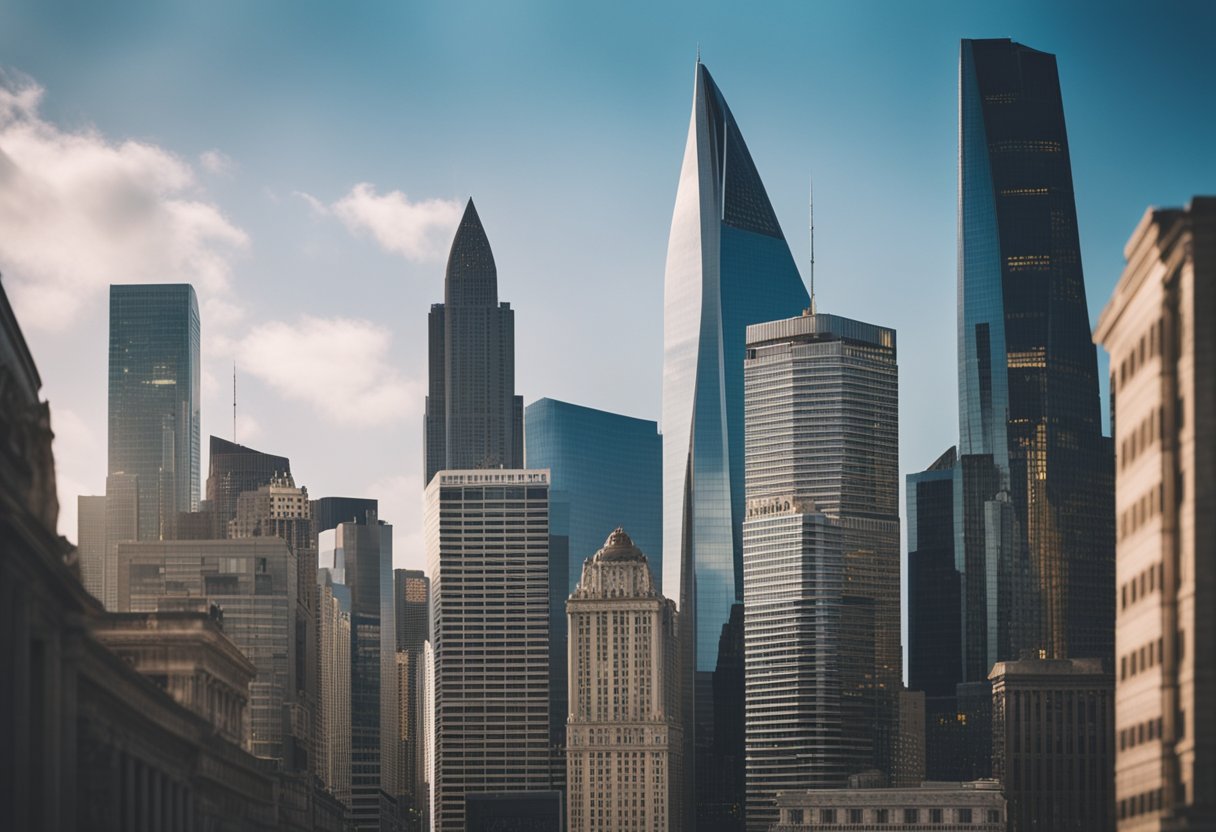 A bustling financial district with skyscrapers and a central stock exchange, surrounded by banks and investment firms