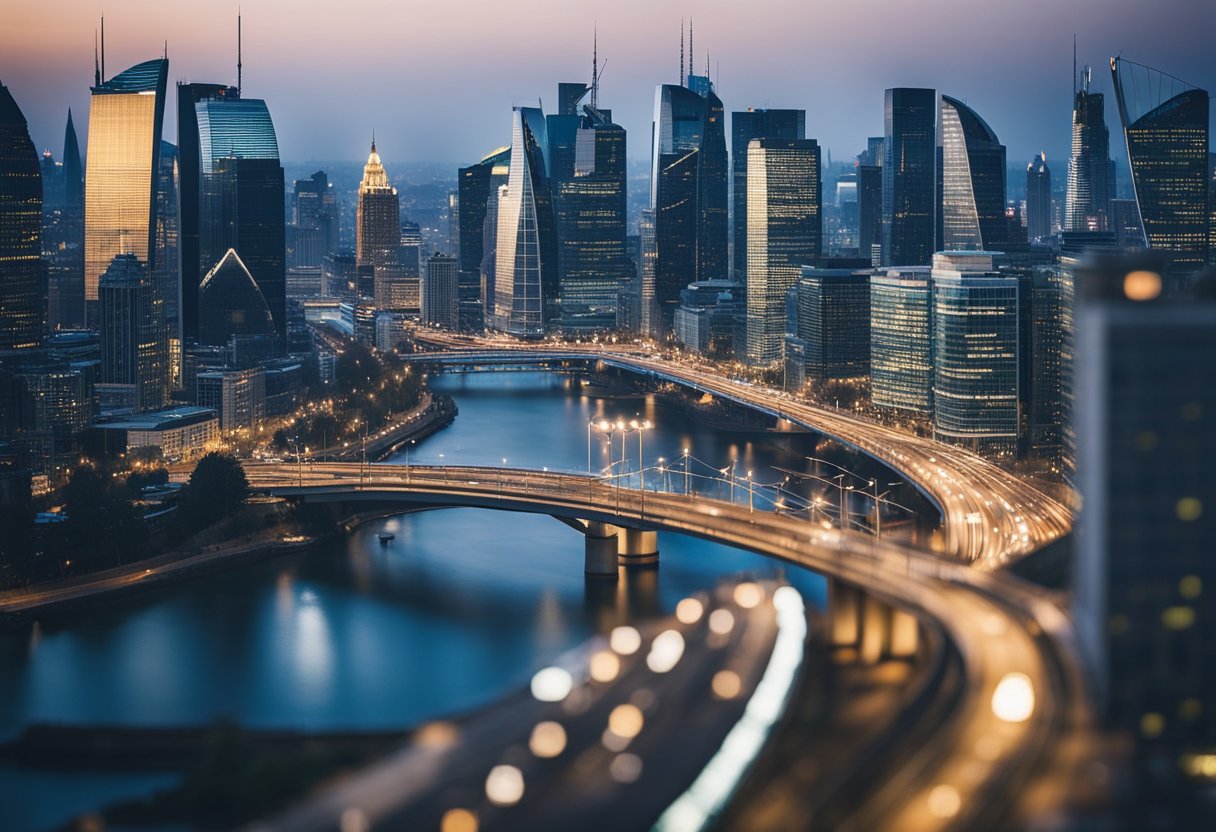 A bustling city skyline with various financial institutions and stock exchanges, interconnected by a network of roads and bridges, symbolizing the integration of the EU Capital Market Union