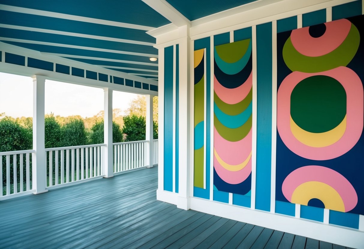 1. A porch with a geometric pattern of blue and white stripes.
2. A porch with a vibrant floral design in shades of pink and green.
3. A porch with a bold, abstract, multicolored pattern