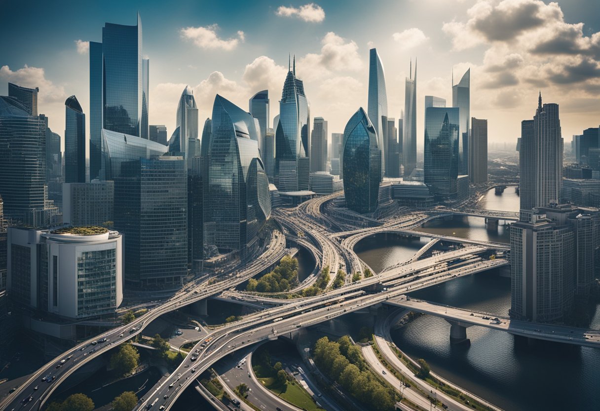 A bustling cityscape with skyscrapers and financial institutions, surrounded by a network of interconnected roads and bridges, symbolizing the challenges and opportunities of the EU Capital Market Union in asset management