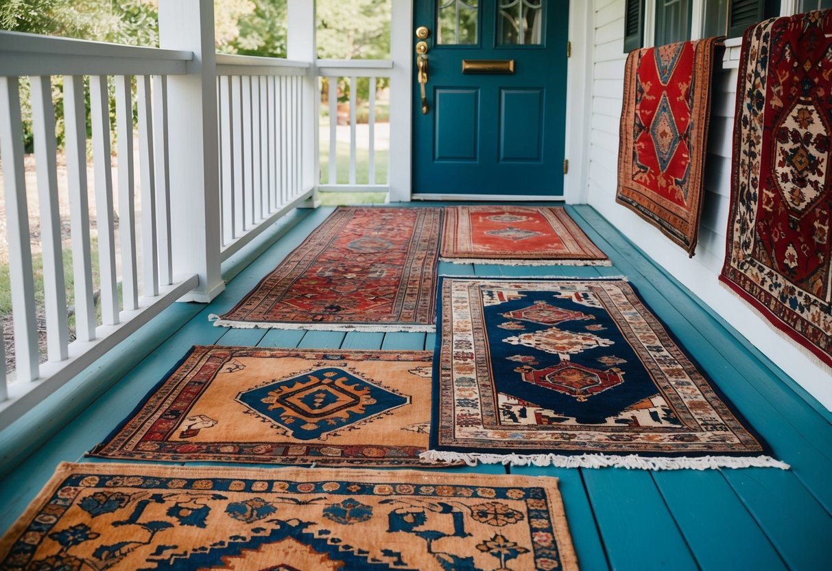 A painted porch floor with vintage rugs in 10 different designs, each with intricate patterns and bold colors