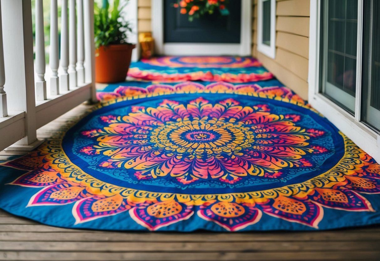 Vibrant mandala designs cover the porch floor, with intricate patterns and bold colors creating a mesmerizing display of artistry