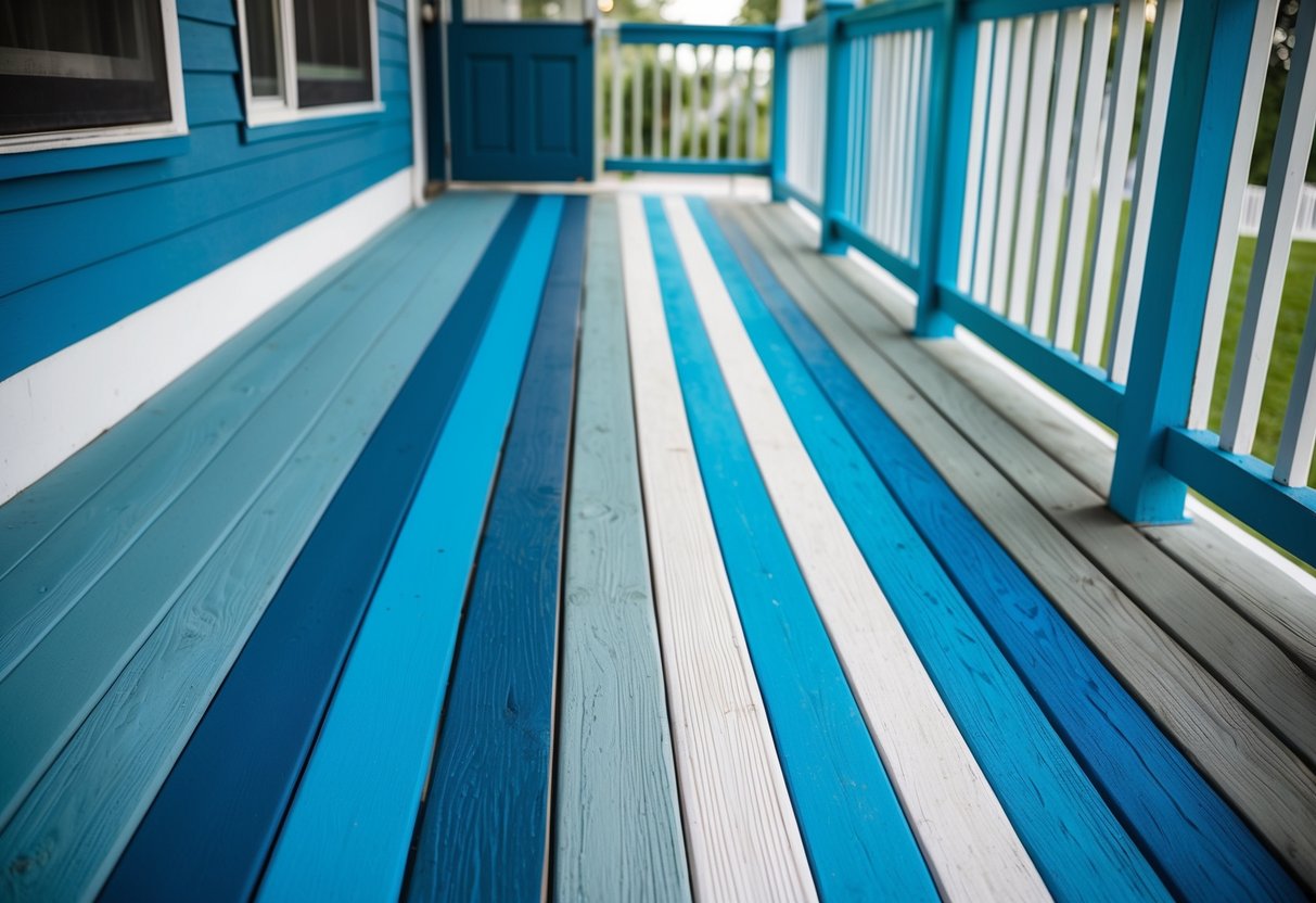 A porch floor with 10 different shades of cool blue paint, creating a vibrant and inviting atmosphere. The colors range from light sky blue to deep navy, with varying patterns and textures