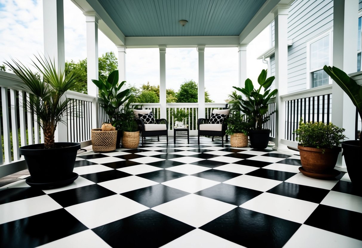 A porch with a black and white checkered painted floor, surrounded by potted plants and a cozy seating area